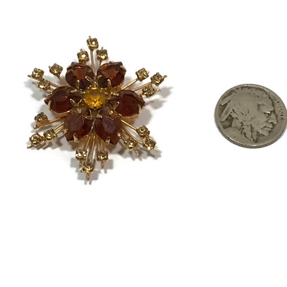 Vintage Austria Starburst Amber Rhinestone Brooch - Picture 2 of 6